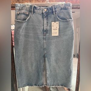 Zara high rise midi denim skirt